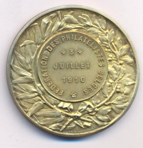 Albert Roi des Belges - Fédération de Philatelistes Belges 1910, medal by Jacques Marin (1877-1950), Belgium, 1910, Coins and Medals Department of the Royal Library of Belgium, 2M204 - 26 (verso)