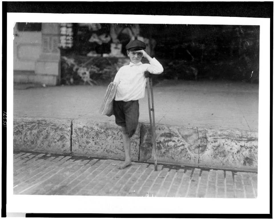 Albert Schafer, eight year old newsboy who usually begins at 8-00 A.M. Sundays. Sells some on week-days. Is a cripple. Makes one to two dollars a day. LOC cph.3c15371