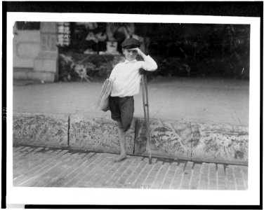 Albert Schafer, eight year old newsboy who usually begins at 8-00 A.M. Sundays. Sells some on week-days. Is a cripple. Makes one to two dollars a day. LOC cph.3c15371
