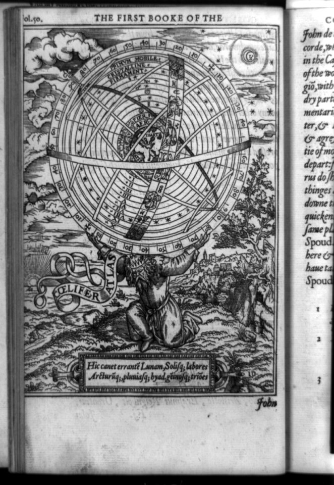 Atlas, dressed like an ancient king, holding earth centered universe on his shoulders LCCN92516348
