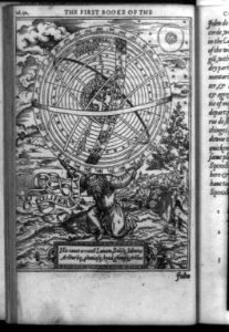 Atlas, dressed like an ancient king, holding earth centered universe on his shoulders LCCN92516348