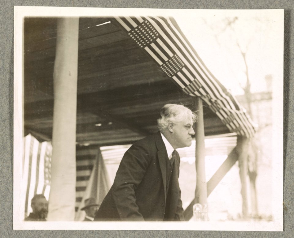 Attorney General Alexander Mitchell Palmer on flag-draped podium during his campaign for the Democratic party's nomination for President LCCN2001706192