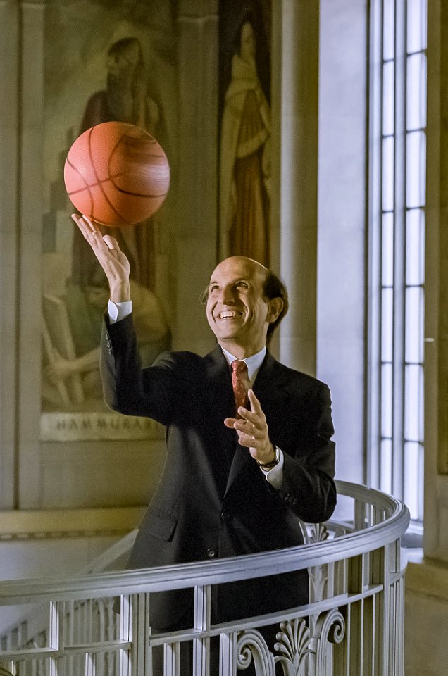 Attorney General Joel Klein shows his basketball prowess for an story in Newsday newspaper