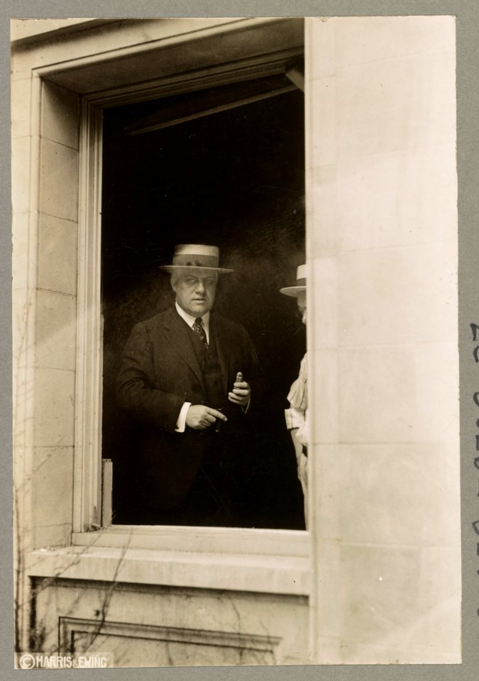 Attorney General Alexander Mitchell Palmer, half-length portrait, standing, facing slightly right; seen through the window of his home at 2132 R. Street, N.W., Washington, D.C., after it was LCCN2015647040