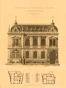 Aufriss und Grundriss des Wohnhauses Ernst Cramer an der Hofgartenstraße 6 in Düsseldorf; erbaut von Boldt & Frings, Architekten daselbst. photo