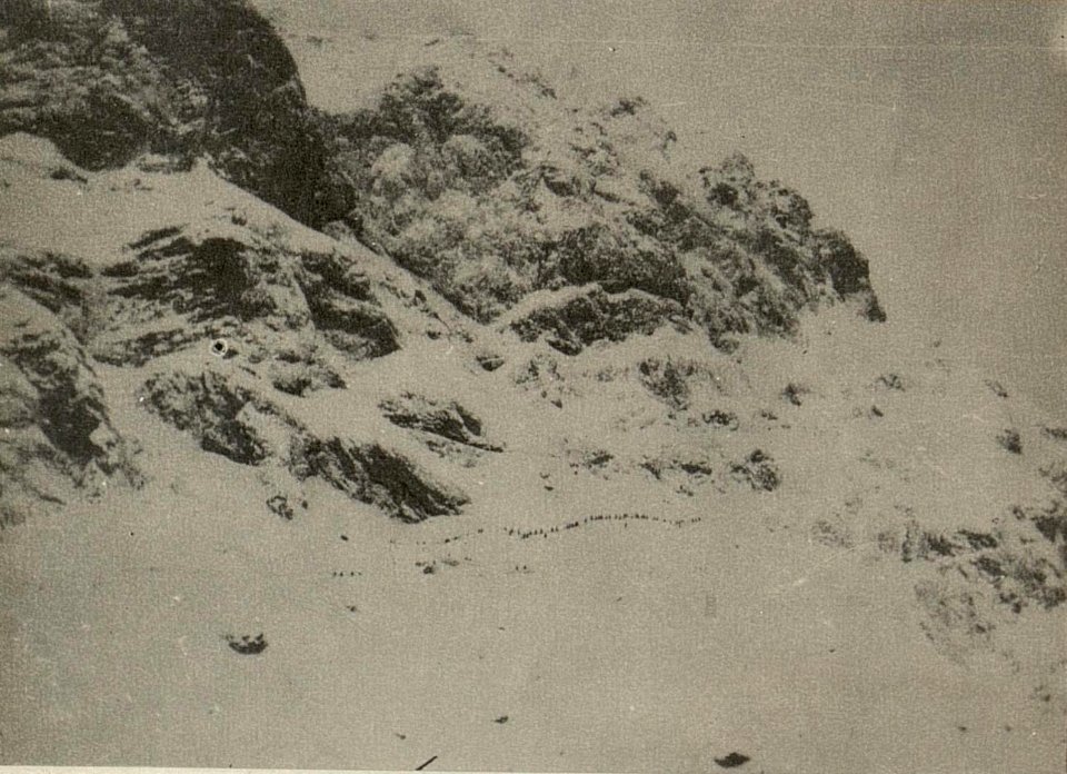 Aufstieg zur Oregonestellung. Blick nach Südwesten mit Schnee schaufelnden Russen. (BildID 15471849)