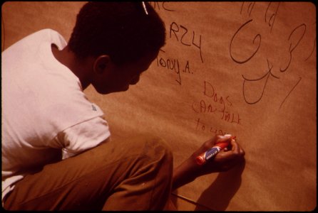 August Brings the D'aug Days to Fountain Square. D'aug Days Is a Month Long Festival of Arts Presented to, for, and Sometimes by, the People. Boy Writes on a Wall Especially Provided for Graffiti 08-1973 (3887095107)