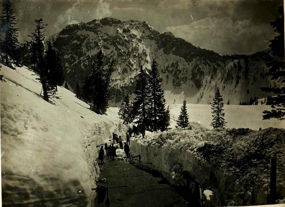 Ausschaufeln der Nassfeldstrasse. Im Hintergrund, Gr. Malurch und Prihat. (2-5.1917.) (BildID 15500547)