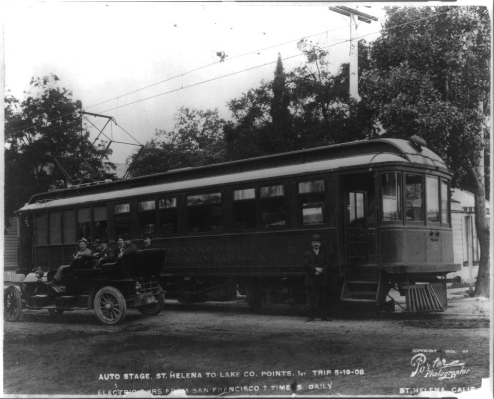 Auto stage, St. Helena to Lake Co. Points. 1st trip 5-19-08. Electric cars from San Francisco 7 times daily LCCN2012646337