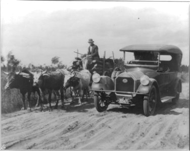 Automobile and wagon pulled by four oxen LCCN2013647250