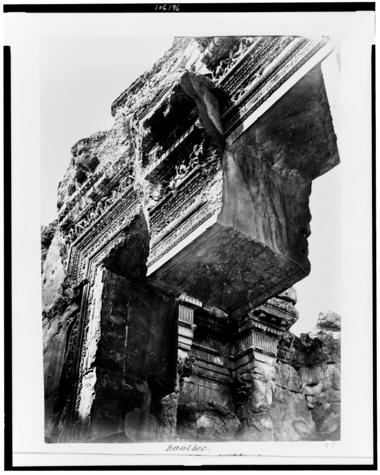 Baalbec. Great portal of Temple of Jupiter. Central stone displaced by earthquake - Bonfils. LCCN93500477