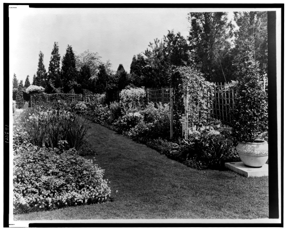 Beacon Hill House, Arthur Curtiss James house, Newport, Rhode Island. Blue Garden flower border and trellis LCCN00651324