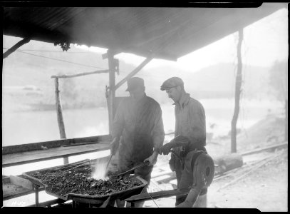 Blacksmith and helper at Norris Dam site. The Clinch River is in the background. - NARA - 532675