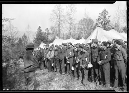 Captain Welsh talking to the newly-arrived replacements from New York at CCC Camp, TVA ^22, near Esco, Tennessee.... - NARA - 532781