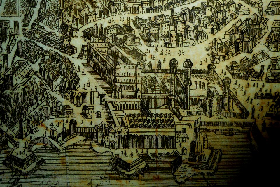Castel Nuovo or Maschio Angioino - Detail of the view of Naples (La Città di Napoli Capitale del Regno) etching by Francesco Sesone (18th century) - Exhibition Giambattista Vico si racconta... at National Library of Naples