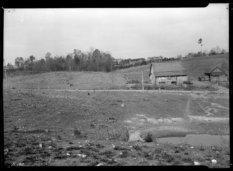 Close-up of site for proposed garden and poultry center. The pond in the foreground is artifical. Note the rocky... - NARA - 532799