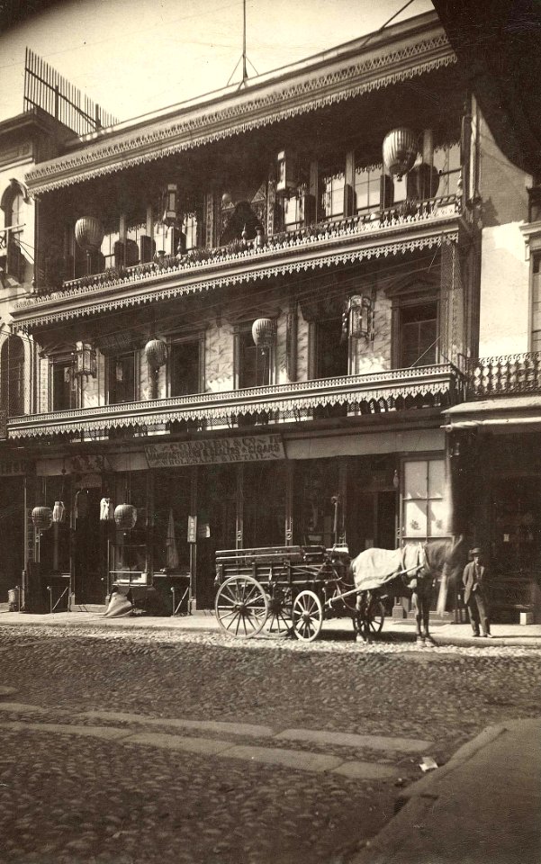 Colombo & Co. Manufacturers & Dealers of Cigars Wholesale & Retail 715 717 sign on building in Chinatown, San Fransisco in 1892, from- 362 MSS P 24 B3 F2 (cropped)
