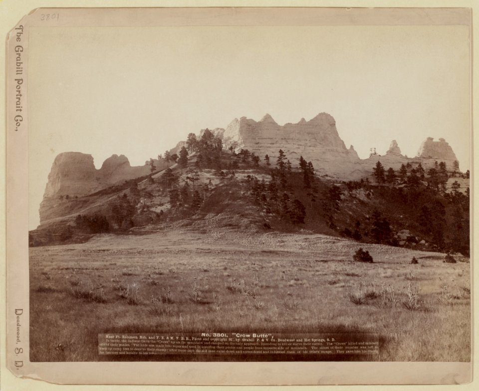 Crow Butte. Near Ft. Robinson, Neb. and F.E. & M.V. R.R. - In battle, the Indians drove the Crows up on the mountain and camped on the only approach, intending to kill or starve their LCCN99613935