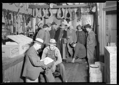 E. H. Elam, interviewer for the TVA, making personal interviews at Stiner's Store, Lead Mine Bend, Tennessee, with... - NARA - 532730