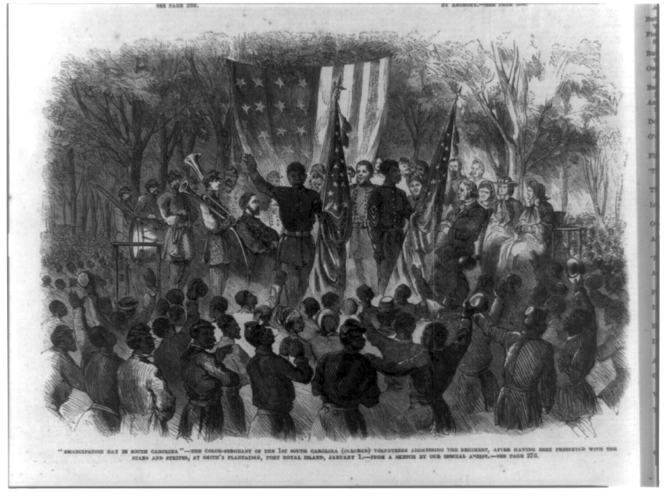 Emancipation Day in South Carolina - the Color-Sergeant of the 1st South Carolina (Colored) addressing the regiment, after having been presented with the Stars and Stripes, at Smith's LCCN99614128