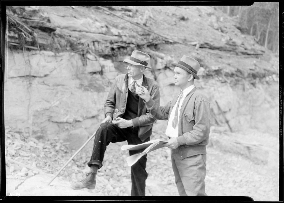 H. R. Johnston, Assistant Engineer, and B. T. Clark at Norris Dam site. - NARA - 532714