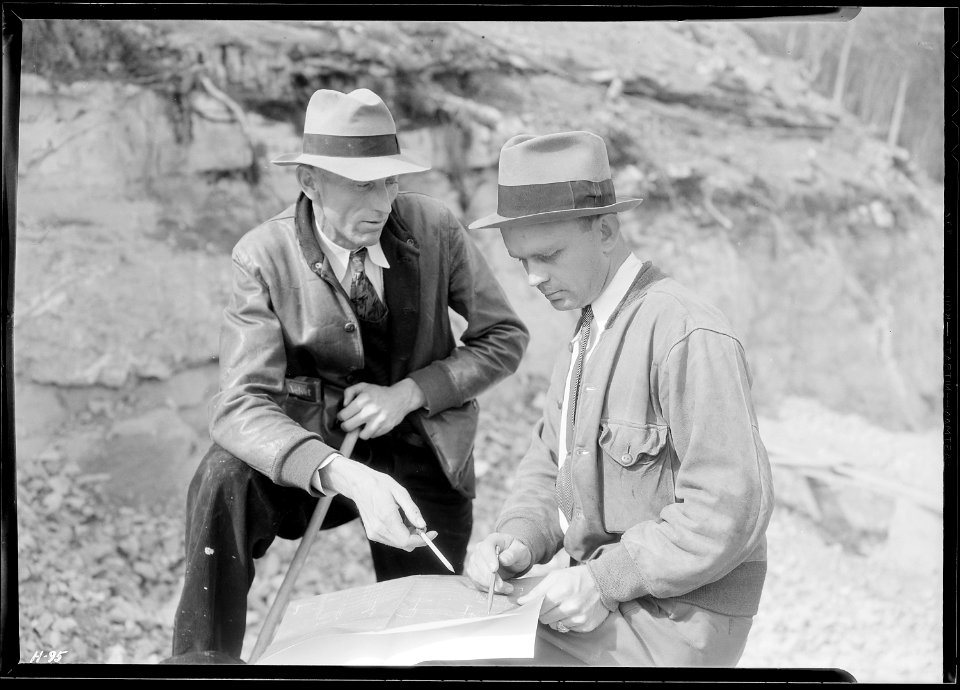 H. R. Johnston, Assistant Engineer, and B. T. Clark at Norris Dam site. - NARA - 532713