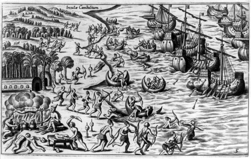 Insula Canibalium - Indians attacking fleet of Spanish ships; scene of cannibalism in left fg. LCCN2006691903