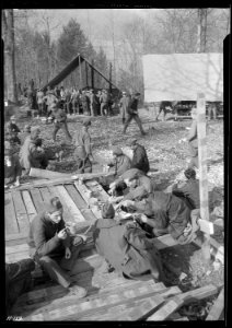 Lunch time at CCC Camp, TVA ^22, near Esco, Tennessee. The crowd around the cook tent in the left background is... - NARA - 532777 photo