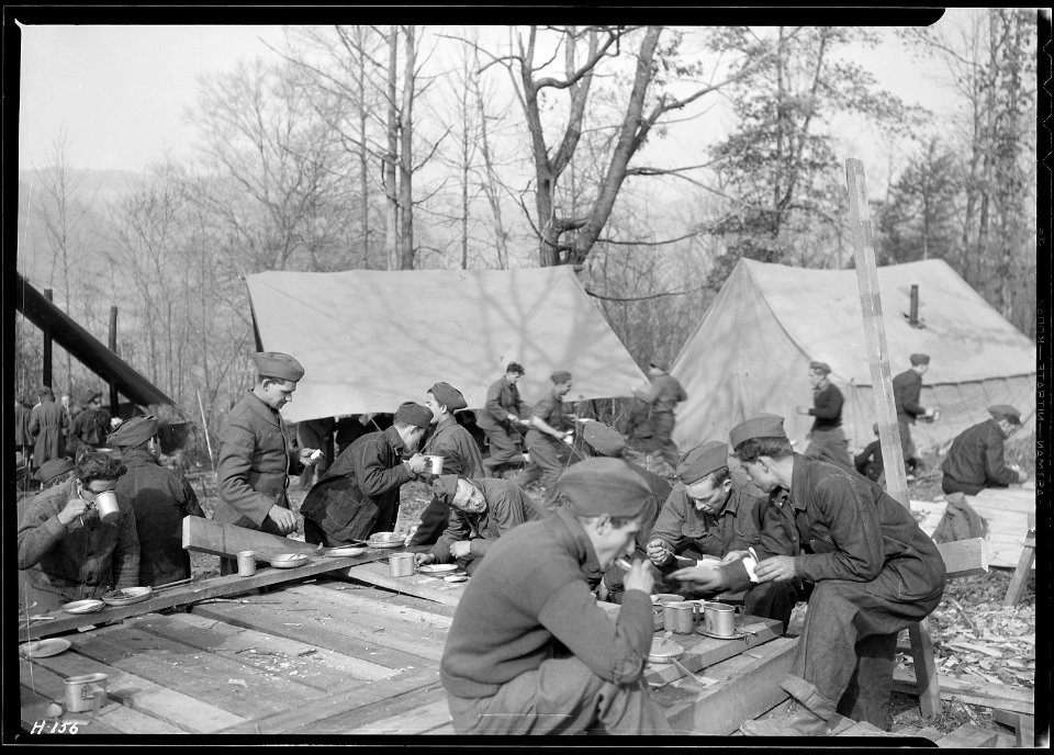 Lunchtime at CCC Camp, TVA ^22, located on the hill above Fall Creek, south of the Clinch River, near Esco, Tennessee. - NARA - 532774