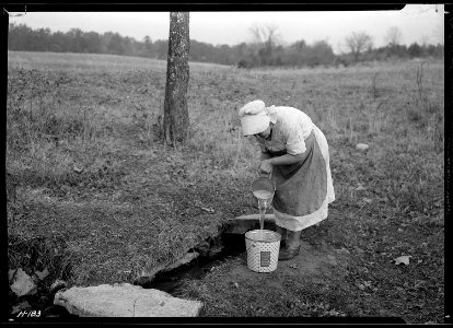 Mrs. Wallace dipping water from spring on farm near Norris townsite recently purchased by the TVA for experimental... - NARA - 532800