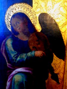 Musician Angel - Detail of the Virgin Mary with Child by unknown Neapolitan painter, half 16th century - Museum Quadreria dei Girolamini in Naples (44763417305)