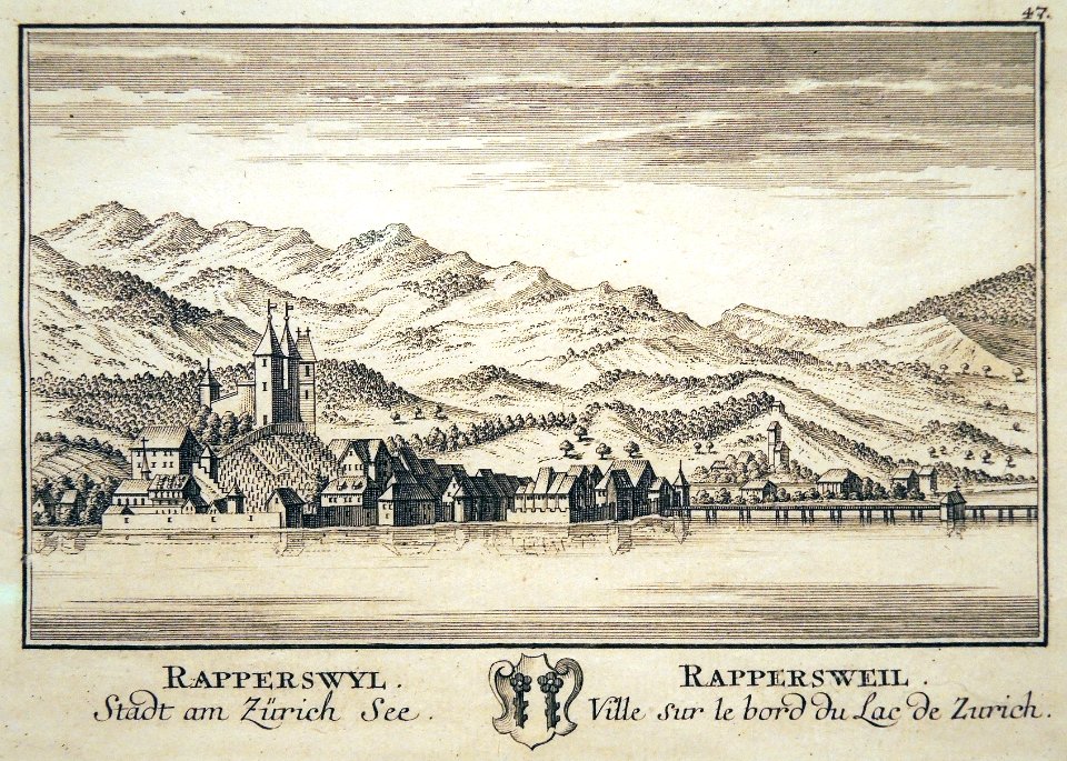 Neue und vollständige Topographie der Eidgenossenschaft, Westansicht Rapperswil-Seebrücke-Jona, Radierung 1754 David Herrliberger - Stadtmuseum Rapperswil - 'Stadt in Sicht - Rapperswil in Bildern' 2013-10-05 16-10-18 (P7700)