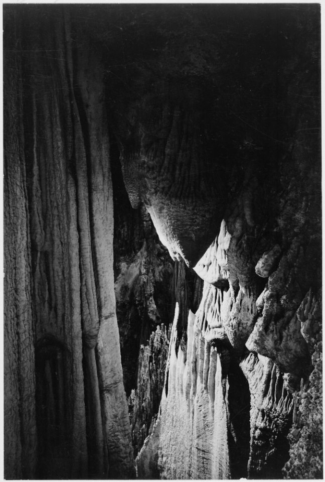 Stalactite formations in the Queen's Chamber, detail, Carlsbad Caverns National Park, New Mexico. (vertical orientatio - NARA - 520042