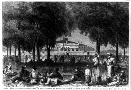 The Labor Exchange - Emigrants on the Battery in front of Castle Garden. New York LCCN2002725464