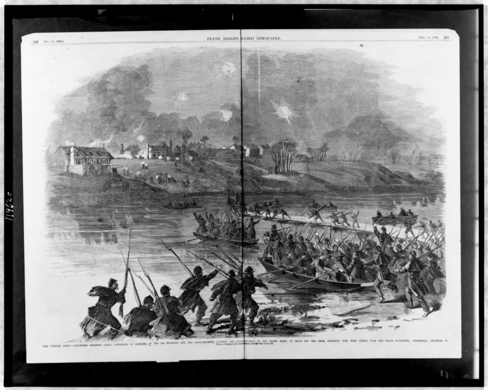 The forlorn hope - volunteer storming party, consisting of portions of the 7th Michigan and 19th Massachusetts, crossing the Rappahannock in advance of the Grand Army, to drive off the LCCN97519468