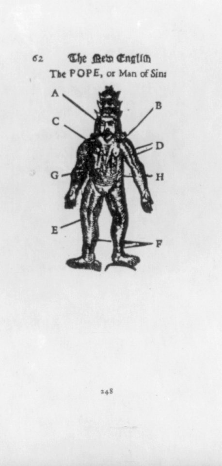 The Pope, or Man of Sin - lines going from letters A through H to different parts of the Pope's body to Illustrate (A) thou shalt find in his head, Heresy. (B) in his shoulders, The LCCN2006679906