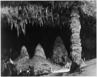 Two people in background, 'The Rock of Ages in the Big Room,' Carlsbad Caverns National Park, New Mexico., 1933 - 1942 - NARA - 520049