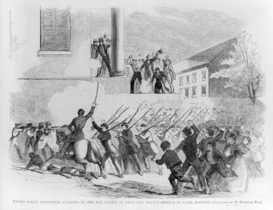 United States Volunteers Attacked by the Mob, Corner of Fifth and Walnut Streets, St. Louis, Missouri LCCN2007681586