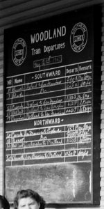 WOODLAND Train Departures May 21st 1942 Southern Pacific Lines rail timetables detail, Woodland, California. The departure of persons of Japanese ancestry by special train for Merced . . . - NARA - 537813 (cropped)
