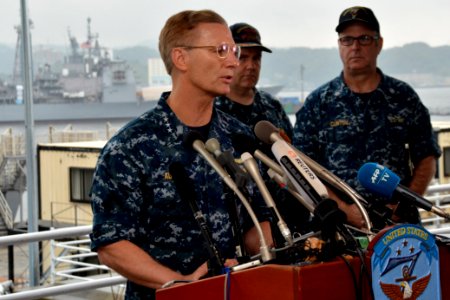(170618-N-XN177-021) Joseph Aucoin speaks to members of the press about the guided-missile destroyer USS Fitzgerald (DDG 62) photo
