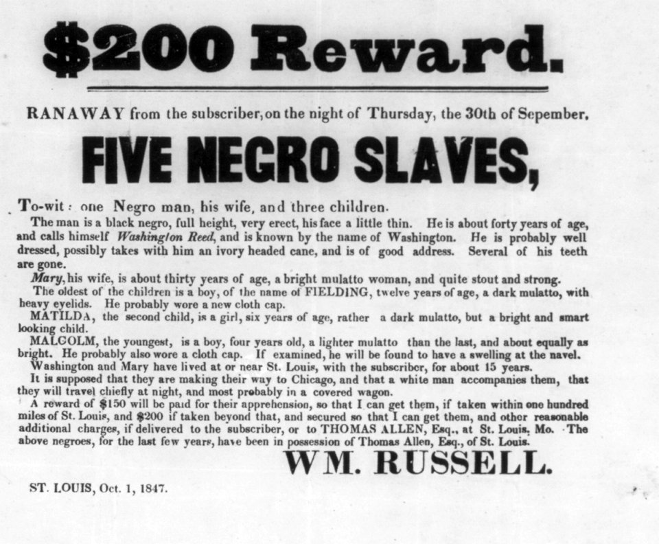 $200 Reward. Ranaway from the subscriber, on the night of Thursday, the 30th of Sepember, five Negro slaves LCCN2005684861