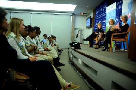 (On Stage From Left) Kathy Cloninger of Girl Scouts USA, Rhonda Jordan of Kraft Foods and HHH Secretary Sebelius talk to Girl Scouts about the Let's Move Iniative a day after its 1st annivesary