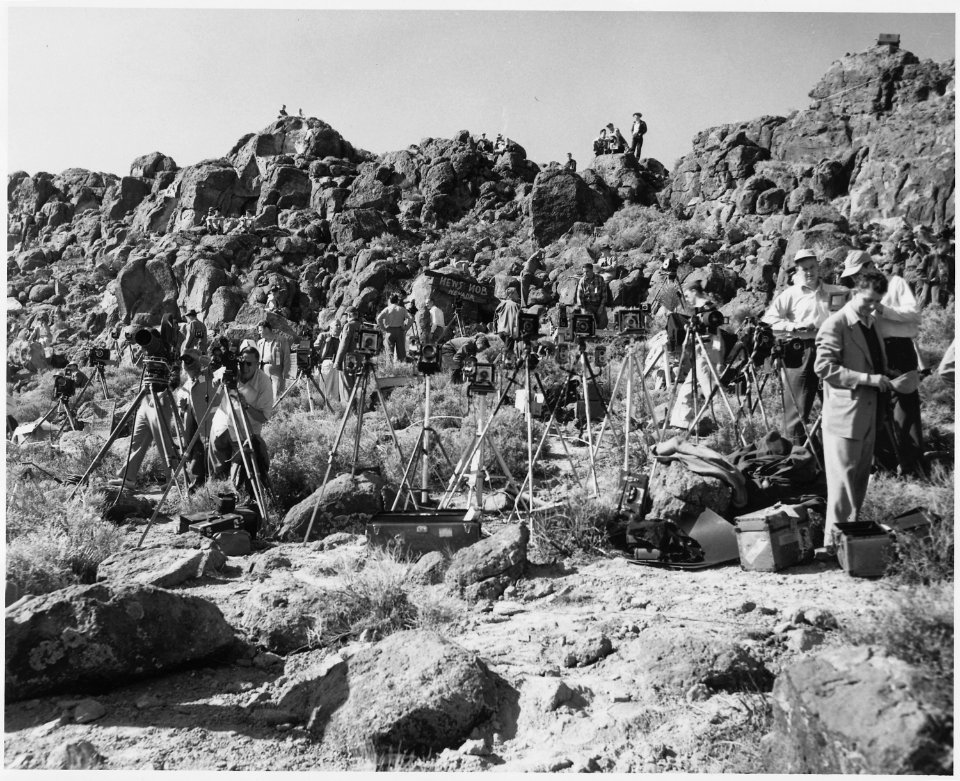 (Photographers set up to record Project Open Shot at News Nob, Nevada.) - NARA - 558599
