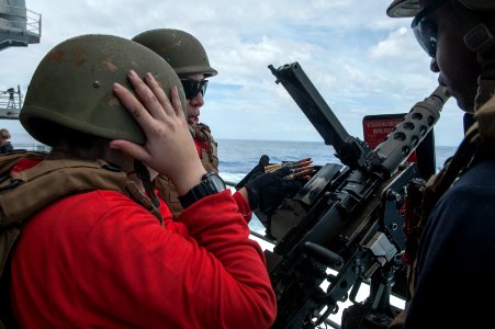 .50-caliber machine gun live-fire on USS Carl Vinson fantail 140925-N-HD510-149