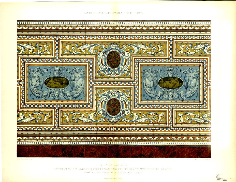 069-072 Guadalajara Wandbekleidung von Azulejos in einer Gartengalerie des Palastes Infantado