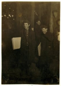 1 A.M. near the World Building, ready to start out. Two of the sleepers (See No. 21(A)) Larger boy Abraham Jachnes, 13 years old. Newsboys Lodging House, 14 Chambers St. Has not been home LOC nclc.03175 photo