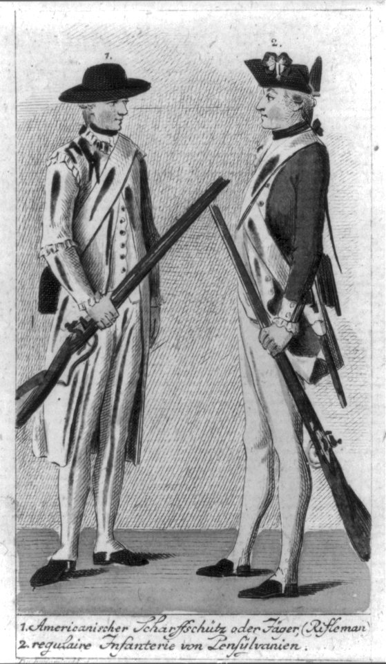 1 Americanischer Scharffschütz oder Jäger (Rifleman) 2 regulaire Infanterie von Pensylvanien