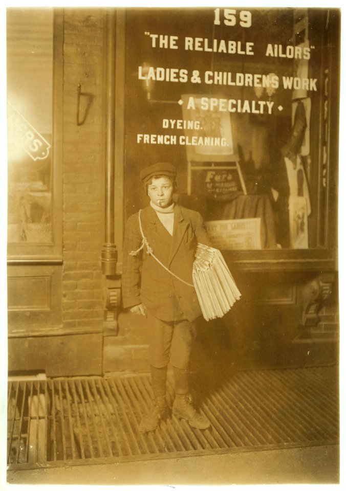 1 A.M. Sunday, February 23, 1908. John Newman, 332 East 19th Street. Sells Sunday until 3 A.M. Said was 16 years old; is probably 13. Does not go to school. Photo taken at 22nd St. & 3rd LOC nclc.03192