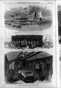 1) The President's funeral car, on a steam lighter, approaching New York from Jersey City; 2) View of the funeral car containing the remains of President Lincoln; 3) Interior of the LCCN99613989