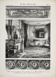 1. Dessus de porte en bois sculpté du Salon des Sacrifices. 2. Boudoir Louis XVI. 3. Détail des bronzes ciselés de la cheminée du Salon rouge (jlpw15 0762)